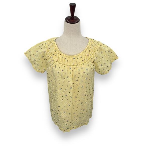 Ann Taylor Loft Light Yellow Ditsy Floral Top Size Small Cottage Fairy Swiss Dot - Picture 2 of 9